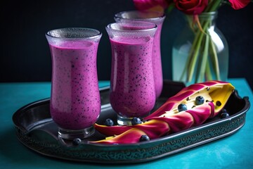 Purple drink of exotic dragon fruit in glasses on a tray on the table. blue background. generative ai