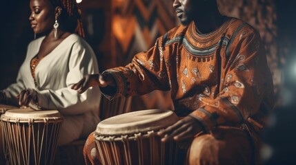 African people playing ethnic music with djembe