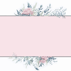 Hand painted watercolor floral frame and border. Watercolor floral banner isolated on white background. Can be used for greeting cards, wedding invitations, stationary and other.