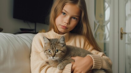 Girl with a cat in her pocket at home
