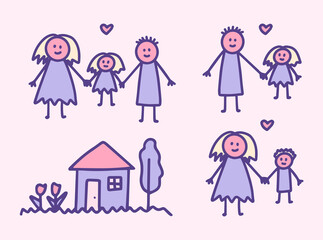 Set of kids doodle with different family drawings. Mom, dad and children, son and daughter, a house. Single parent or full family vector illustration.