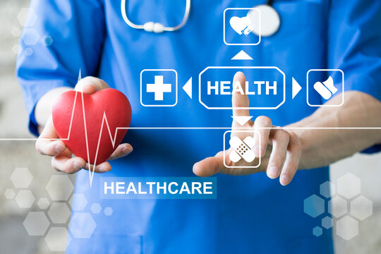 Doctor hand presses the health button with healthcare icons concept, insurance for your health.