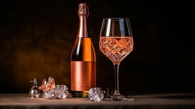 Bottle of rose sparkling wine or champagne with crystal stemware