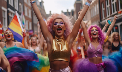 Charismatic Generative AI Drag Queens at LGBTQ Gay Pride Parade in Amsterdam. Friendship and Diversity in the LGBTQ+ Community. Amsterdam Pride Celebration
 - obrazy, fototapety, plakaty