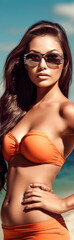 Fototapeta premium Hot beach babe wearing trendy beach wear in the summer. Generative AI illustrations