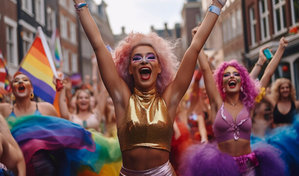 Charismatic Generative AI Drag Queens at LGBTQ Gay Pride Parade in Amsterdam. Friendship and Diversity in the LGBTQ+ Community. Amsterdam Pride Celebration

