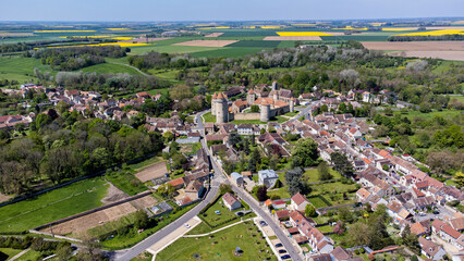 Aerial view of the French castle of Blandy les Tours in Seine et Marne - Medieval feudal fortress with an hexagonal enclosure protected by large round towers
