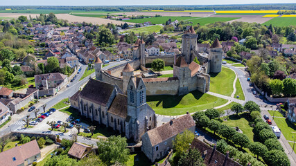 Aerial view of the French castle of Blandy les Tours in Seine et Marne - Medieval feudal fortress...