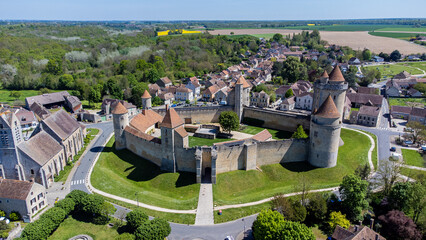 Aerial view of the French castle of Blandy les Tours in Seine et Marne - Medieval feudal fortress...