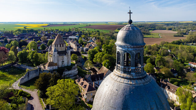 Aerial view of the Saint Quiriace Collegiate Church in Provins, a medieval city in Seine et Marne, France - Slate dome on top of a hill in the French countryside