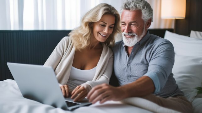 Senior couple using laptop and credit card on bed