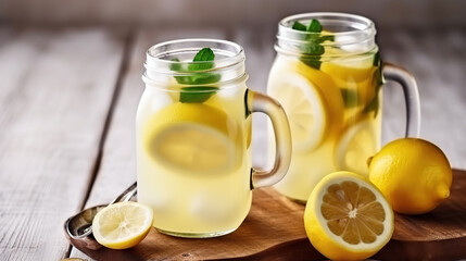 Fototapeta premium Two mason jar glasses of homemade refreshing lemonade with slices of organic ripe lemon, whole and halves, juicer, muddler, squeezer on a rustic white wooden background. Generative AI