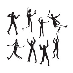 Fototapeta na wymiar Vector hand-drawn silhouettes of dancing people. Isolated paint blots.