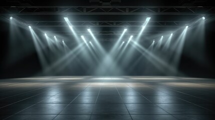 Spotlights shining on stage floor in dark room