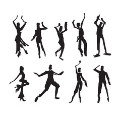 Fototapeta na wymiar Vector hand-drawn silhouettes of dancing people. Isolated paint blots.
