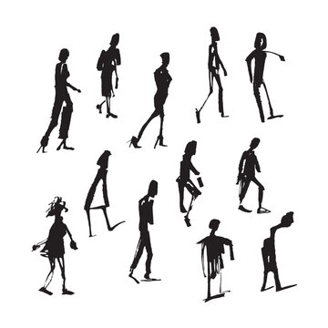 Vector hand-drawn silhouettes of walking people. Isolated paint blots.