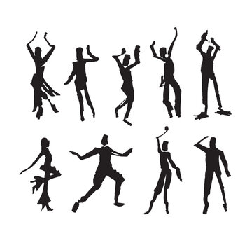 Vector hand-drawn silhouettes of dancing people. Isolated paint blots.