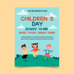 Invitation, flyer for a children's day party. Children jumping happy