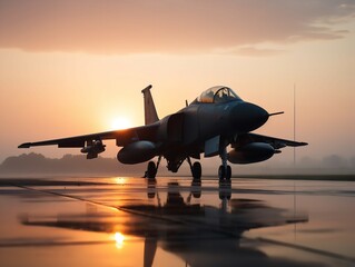 Fototapeta na wymiar Stealth and Speed: Fighter Jet on Runway at Dawn