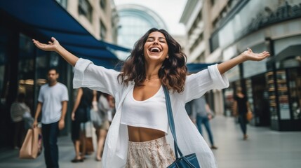 Portrait of happy woman shopping outdoors