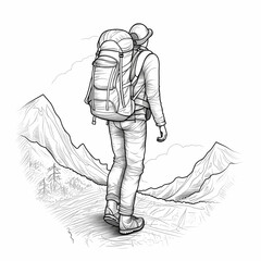 Hiking Adventure Line Art Design. Generative AI
