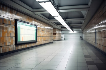 Abandoned subway station with a TV mockup on the wall creates a modern, eerie atmosphere is AI Generative.