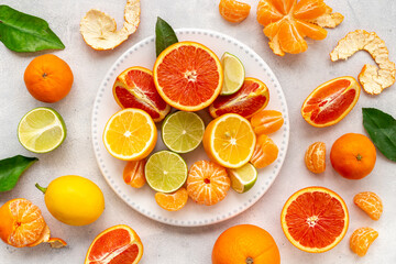 Many different citrus fruits layout pattern, top view