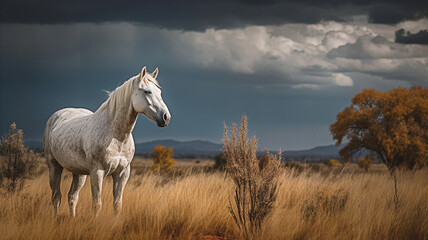 A white horse stands in a field with a stormy sky behind it. - obrazy, fototapety, plakaty