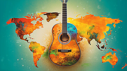 A guitar with a world map in the background