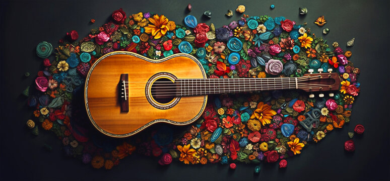 A guitar on a  black background with colorful flowers on it