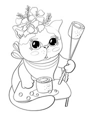 contour line illustration cartoon childish style cute animal cat girl with big eyes holding chopsticks for sushi food rolls asian sticker design element printable coloring pages and media logo