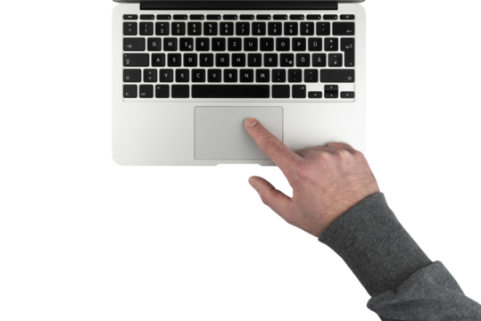 top down view of man using touchpad on laptop computer, transparent background PNG - Powered by Adobe