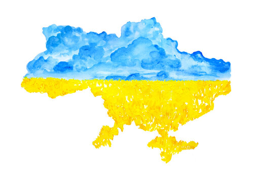 recommend clip art: Ukraine map watercolor, hand drawn in blue and yellow, in the colors of the National Flag of Ukraine where peaceful blue of the sky and golden of the wheat fields come together on the horizon line.