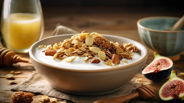 Healthy breakfast of granola with milk and figs