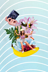 3d retro abstract creative artwork template collage of smiling pretty lady surfing banana isolated...