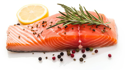 Tantalizing Taste, Red Salmon with Lemon, Rosemary, and Peppercorns, Top view, Generative AI