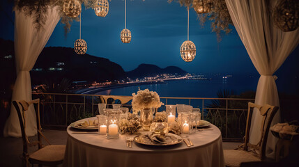Starry celestial romantic wedding theme, imperial wedding table, sea view, starry night sky, soft candlelight. Generative AI