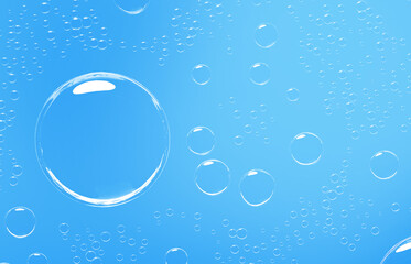 Water background 3d render, air bubble spheres on blue aqua backdrop. Template for ad skin care cosmetic product with liquid balls or drops. Save planet resources, ecology protection. 3D illustration