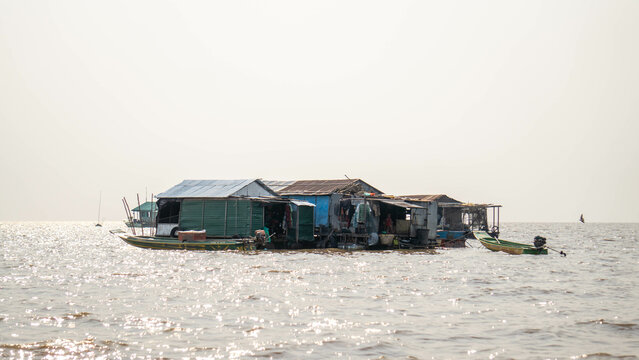 Houses on the floating village in tonle sap lake, in Cambodia
