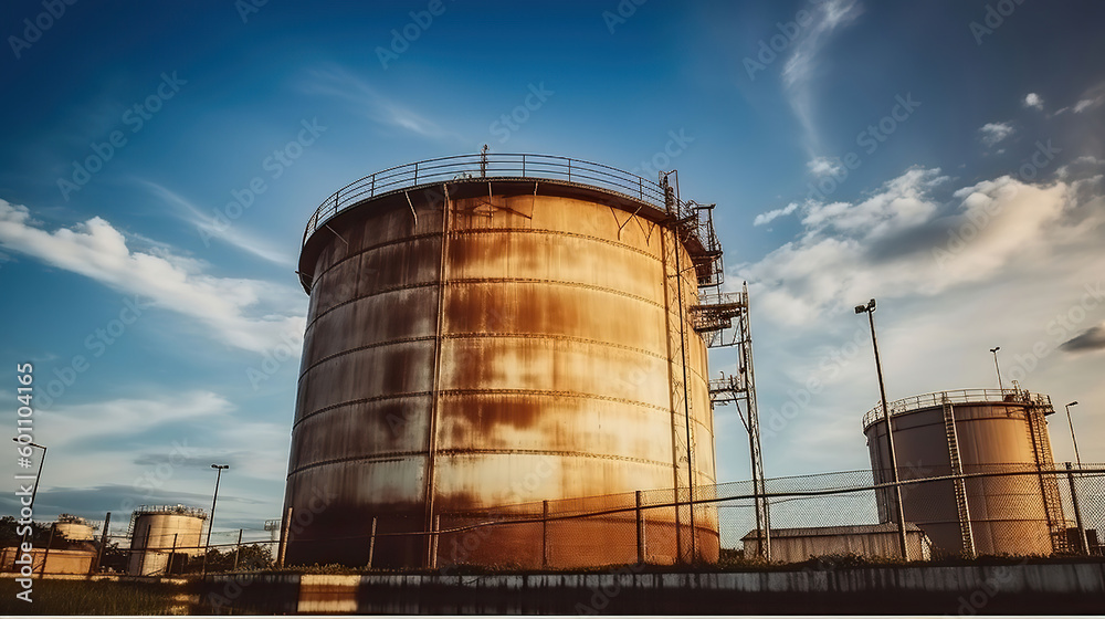 Wall mural Efficient Energy Generation, The Vital Role of a Large Water Tank and Cooling Tower in a Power Plant. Generative AI - Wall murals