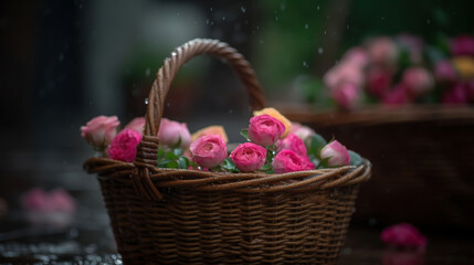 Fototapeta na wymiar Aromatherapy After the Rain: A Basket Brimming with Roses. Generative AI