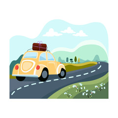 Travelling by car. Walking in the countryside. Holidays abroad. Family vacations. Nature. Cartoon, vector drawing on white background.  