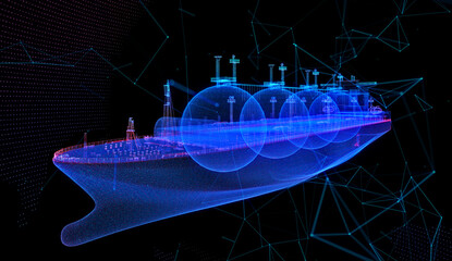 Gas carrier LNG. Blue particle and lines form 3d model Gas tanker