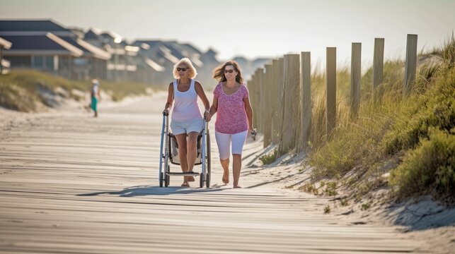Mother jogging with her disabled daughter with a rollator in the beach