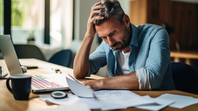Tired man sitting at desk with financial bills at home