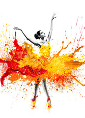 Artistic painting of ballerina woman posing dancing, flowing with colorful splashes and drops of oil acrylic paint 