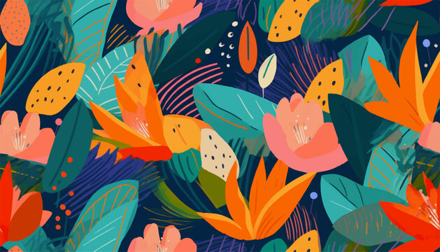 Modern colorful tropical floral pattern. Cute botanical abstract contemporary seamless pattern. Hand drawn unique print