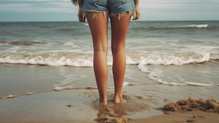 Girls legs standing in the seashore