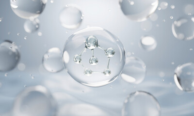 molecule inside bubble on blue background, concept skin care cosmetics solution. 3d rendering. - obrazy, fototapety, plakaty