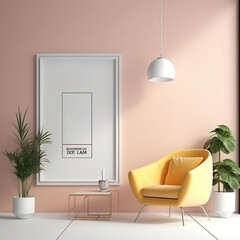 Minimal bright interior. 3D rendering illustration with SQUARE frame on the wall. Generative AI